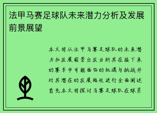 法甲马赛足球队未来潜力分析及发展前景展望