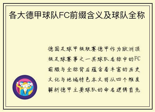 各大德甲球队FC前缀含义及球队全称