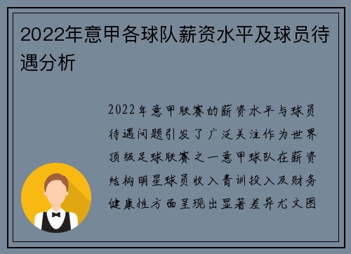 2022年意甲各球队薪资水平及球员待遇分析