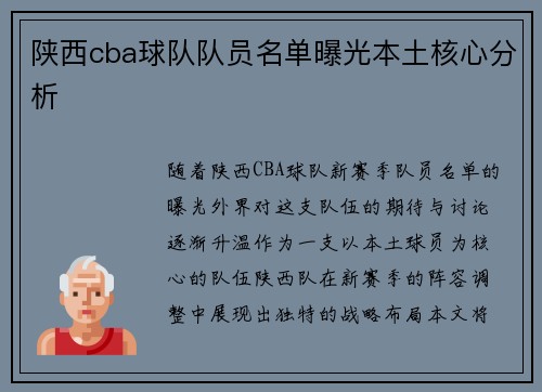 陕西cba球队队员名单曝光本土核心分析